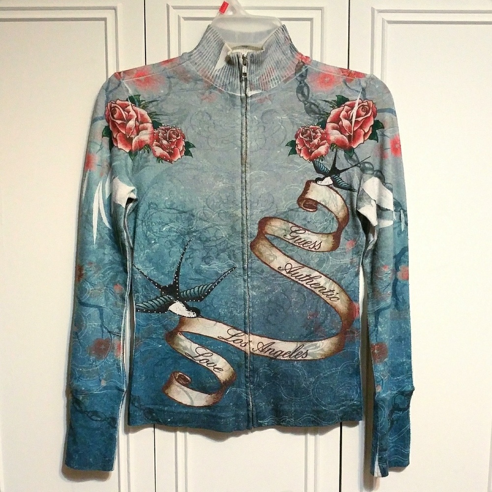 Guess Graphic Zip up Rhinestone Logo Mock Neck